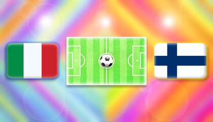 Italy and Finland flag on soccer field with ball.Football match concept against multicolored abstract background.Copy space for text.	