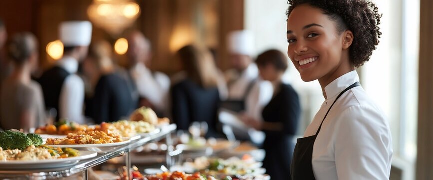 A smiling server stands beside a buffet filled with various dishes.