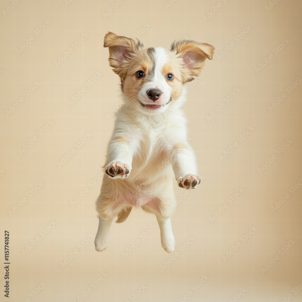 Poster Joyful puppy leaping in mid air against a soft background with space for creative text. Generative AI
