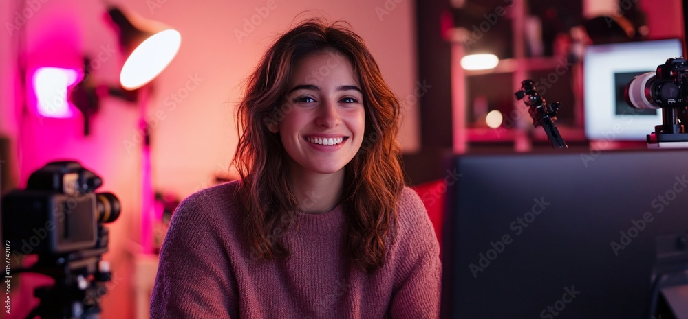 Poster a smiling woman in a cozy setting with cameras and a computer, ready to create.