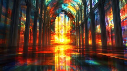 Naklejka premium Vibrant Digital Painting: Sun-Drenched Cathedral Interior, Spectacularly Rendered in a Dreamlike Style. AI Generated