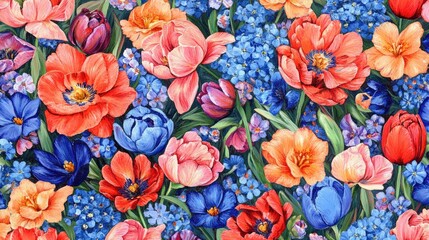 Vibrant Floral Pattern Featuring Lush Poppies and Delicate Blue Flowers for Springtime Design