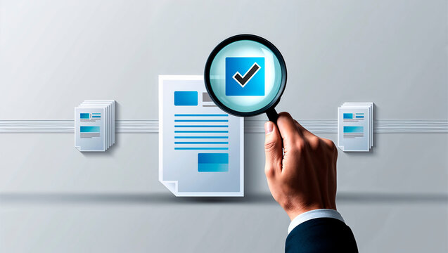M&atilde;o segurando uma lupa sobre documento aprovado, simbolizando auditoria, an&aacute;lise, valida&ccedil;&atilde;o e controle de qualidade. Ideal para temas corporativos e administrativos.