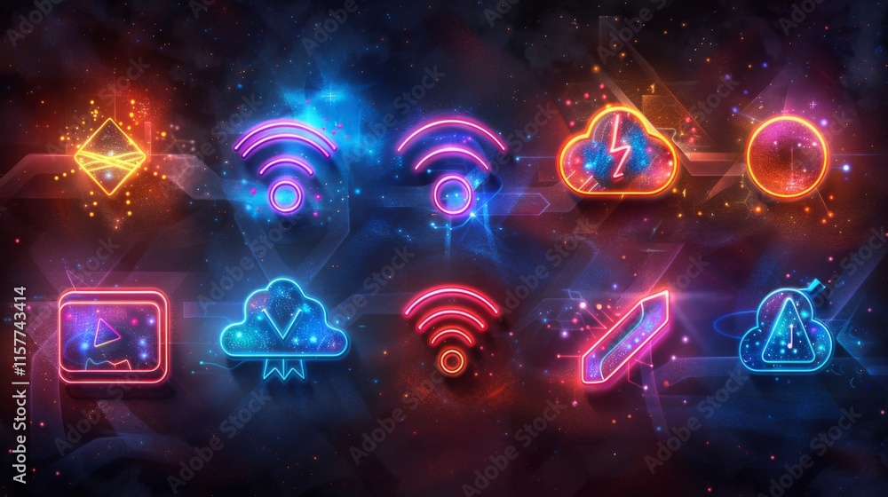 Poster Design a series of neon internet symbols, including illuminated Wi-Fi