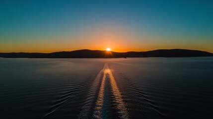 Sailing Ship Approaching Distant Island at Sunset