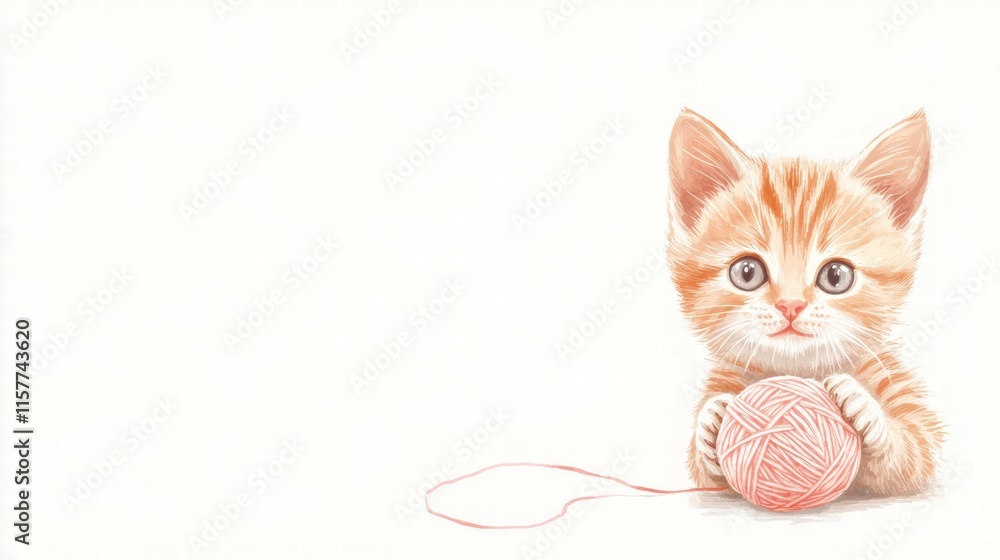 Poster cute kitten joyfully playing with a ball of yarn in a cozy indoor setting ready for a creative mock 