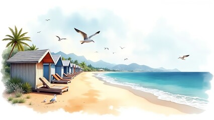 Coastal Beach Huts & Seagulls