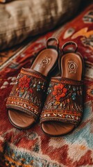 Intricate Embroidery on Rustic Brown Leather Sandals with Floral Motif