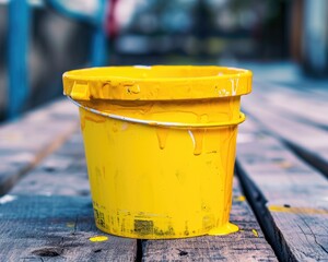 Naklejka premium Yellow Paint Dripping from White Plastic Bucket on Wood Surface