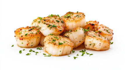 Close-up of seared scallops, garnished with parsley, isolated on white background.