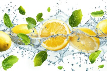 Fresh Lemon Slices and Leaves in Water Splash Isolated on White
