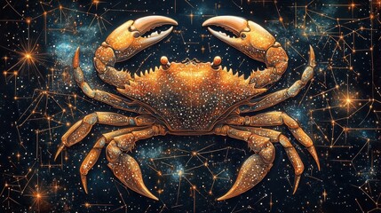 A clean crab design with pearl-like claws surrounded by clean constellations on a flat dark background. Cancer Zodiac concept