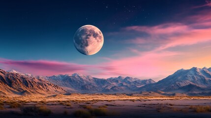 Stunning Wide Shot Photo: Serene Moon Rising Over Majestic Mountains at Dusk. AI Generated