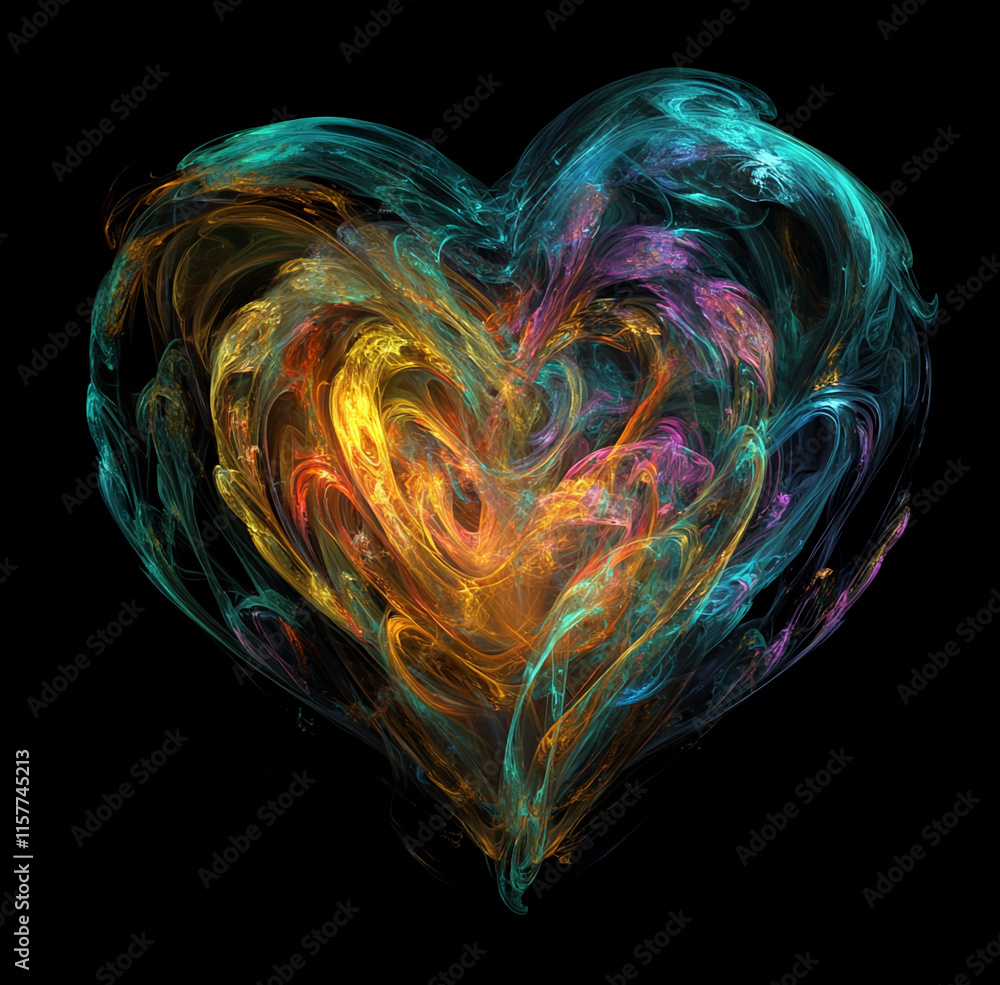 Poster abstract colorful heart with swirling light patterns on black background