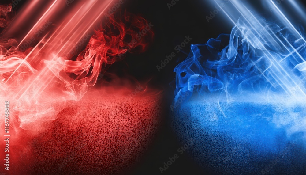 Poster stunning abstract blue vs red smoke effect on black background neon flame cloud with dust a captivat