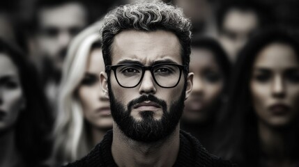 Fototapeta premium A serious man stands out in a blurred crowd, wearing glasses and a black sweater, evoking feelings of determination and purpose against a moody, contrasting background.