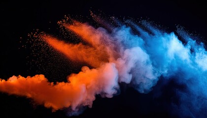 Vibrant Bluish Smoke Cloud of Colored Powder A Mesmerizing Fusion of Bright Orange, Purple, and Blue Captivating Visuals for Artistic Inspiration and Creative Projects