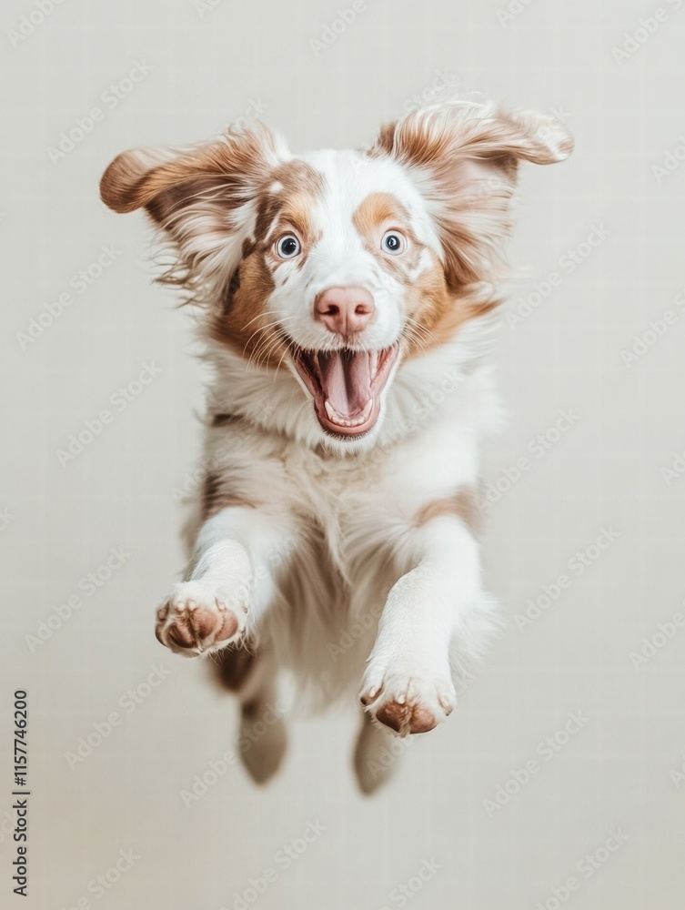 Aufkleber Joyful puppy leaps in playful mid air above neutral backdrop with copy space for creative text and designs. Generative AI