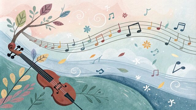 An abstract painting of the beginning of Vivaldi's Four Seasons with the notes going horizontally across the canvas. In the background, there are various musical symbols and an abstract violin.