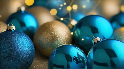 Festive holiday background featuring glittering gold baubles and scattered blue ornaments with glowing bokeh lights, ideal for Christmas banners, web headers, and seasonal designs.