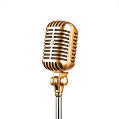 Fototapeta premium Vintage gold microphone isolated on a white background for music and entertainment themes.