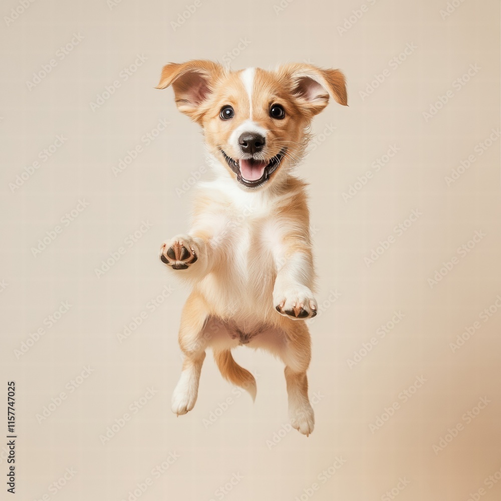 Aufkleber joyful puppy jumping in mid air with happy expression and plenty of space for text in a light beige 
