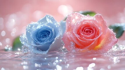 pink and blue roses in water