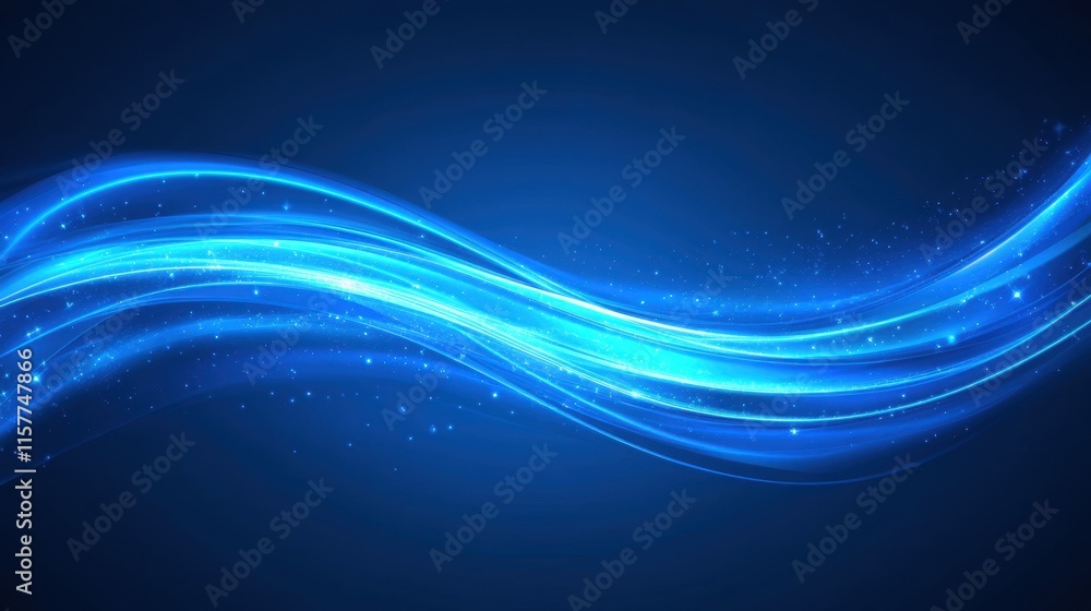 Poster glowing blue waves on dark background with sparkles and soft light effects