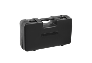 Black hard plastic carrying case with handle, secure latches, textured surface, isolated on white background.