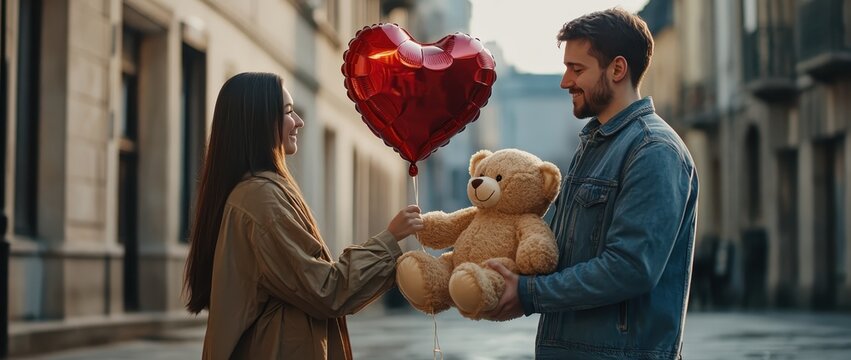 A man gives his girlfriend a teddy bear and a red heart-shaped balloon for Valentine's Day on the street