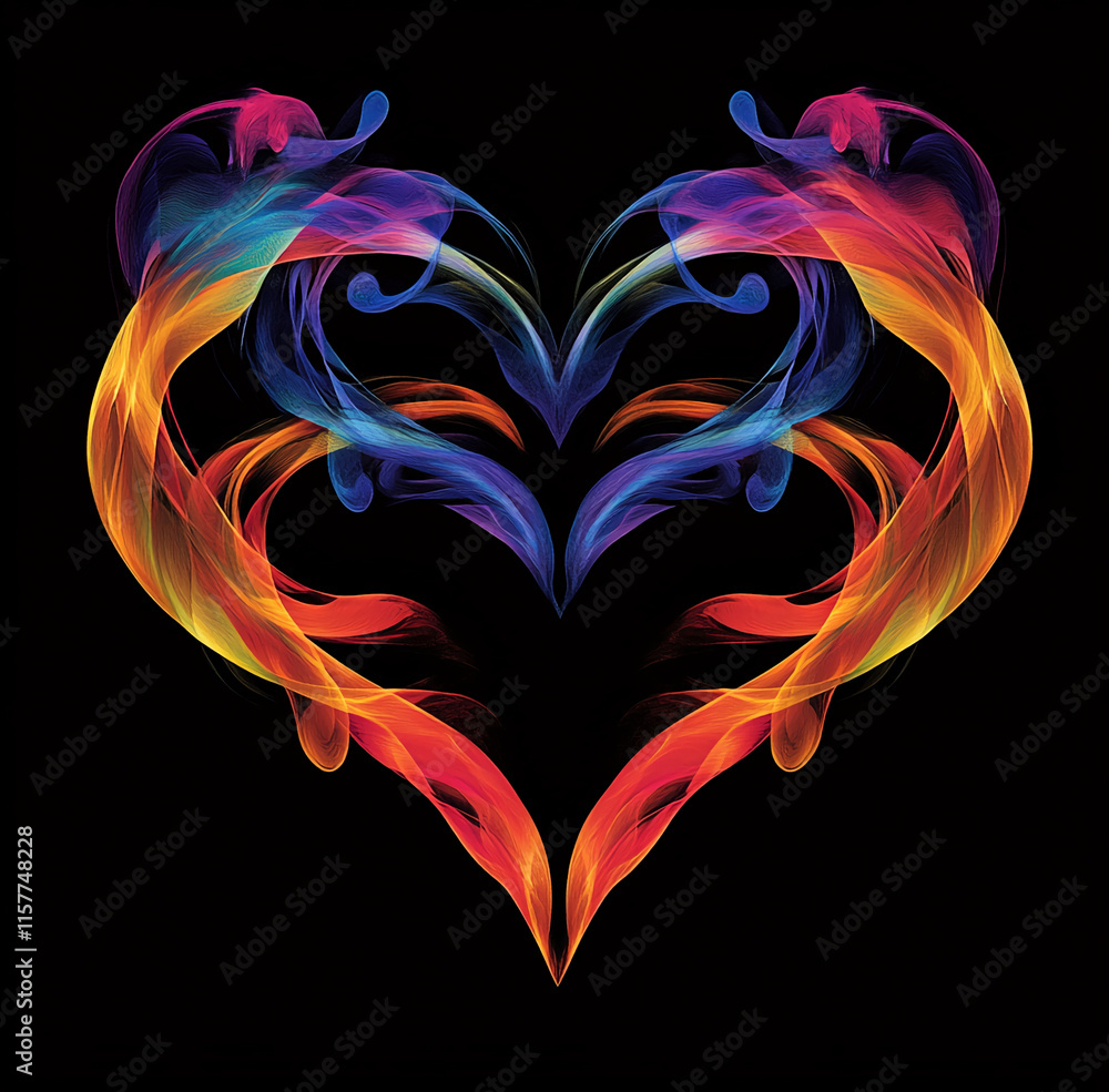 Poster vibrant abstract heart shape with multicolored flames on black background. valentine's day backgroun