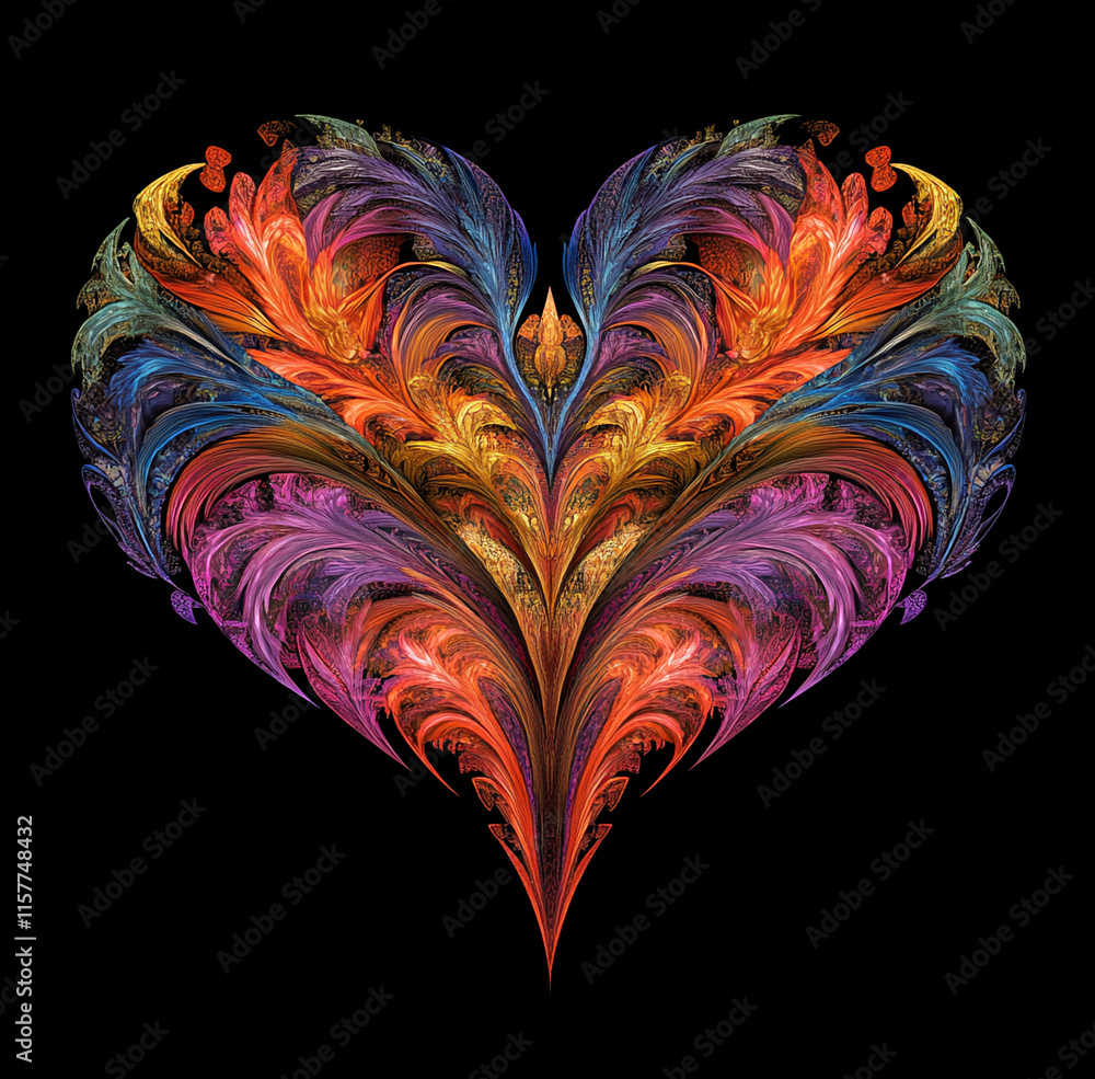 Poster Vibrant Fractal Heart Shape with Multicolored Feather-like Patterns on Black Background. Valentine's Day background