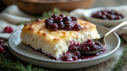 Slice of cheesecake with berry topping on a plate.