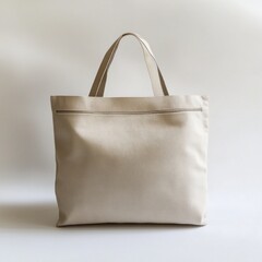 Beige zippered tote bag on white background.