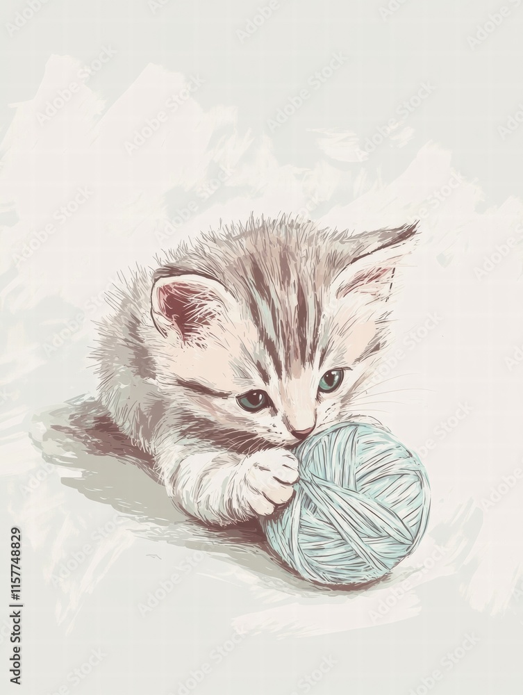 Poster Cute kitten plays joyfully with a ball of yarn in a serene indoor setting with plenty of copy space. Generative AI