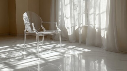 Transparent chair near window with sunlight.