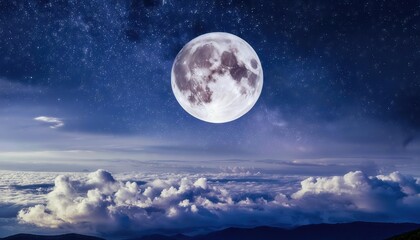 Fototapeta premium Captivating Full Moon Illuminating Clouds and Stars in the Night Sky A Serene Display of Celestial Beauty and Tranquility that Inspires Wonder and Reflection
