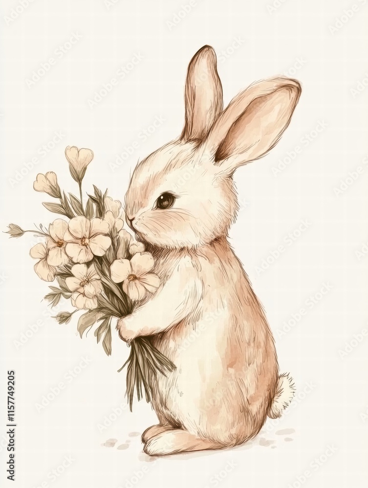 Poster cuddly rabbit holding a beautiful bouquet of flowers ready for spring celebration with mock up space