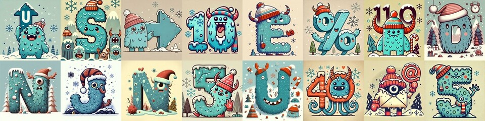 Cartoon Winter Monsters Lettering Typeface. AI generated illustration