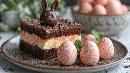 A festive Easter dessert trio: a chocolate bunny, a slice of carrot cake, and mini egg cheesecakes.