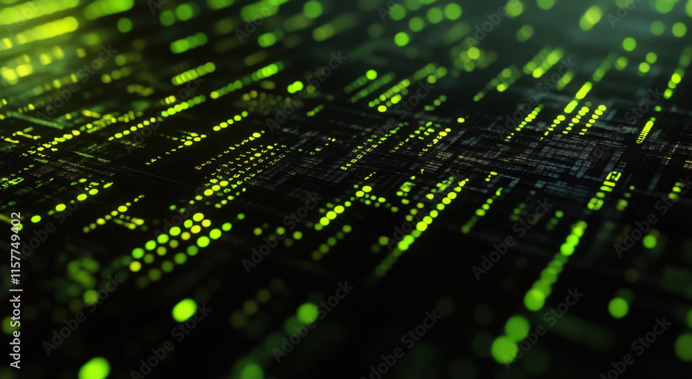 Poster glowing green lines and dots create a complex digital landscape against a dark background, illustrat