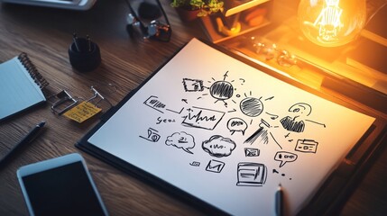 Creative workspace with hand-drawn marketing sketches on paper, lamp casting warm light, smartphone and stationery arranged on wooden desk, digital strategy concept