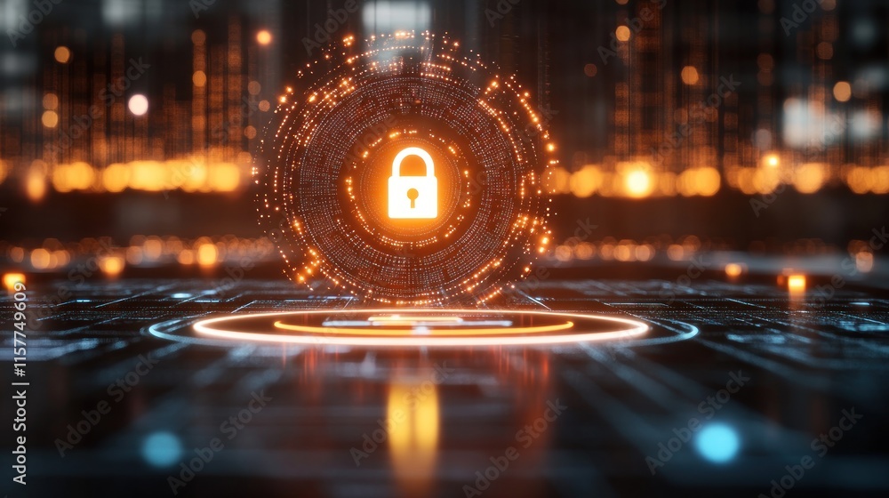 Poster cybersecurity: digital lock and futuristic interface