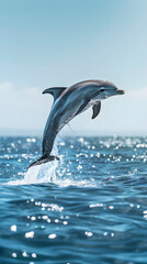 Obraz premium Playful Dolphin Leaping from Sparkling Waves Under Clear Sky: A Marvel of Marine Life and Nature's Beauty