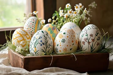 A stunning and colorful arrangement of delightful Easter eggs is beautifully surrounded by a variety of vibrant flowers, collectively bringing immense joy to the charming Spring holiday celebration