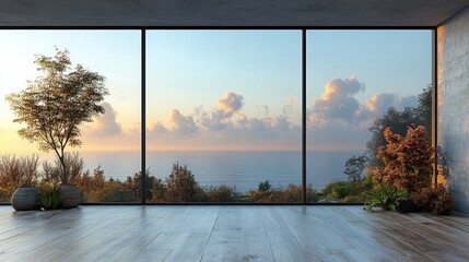 Modern minimalist room with panoramic ocean sunset view.