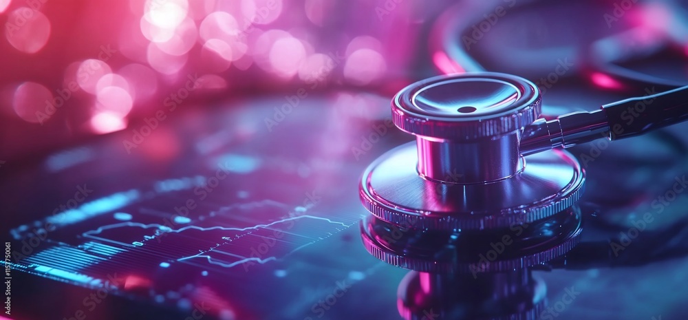 Poster a stethoscope rests on a digital screen displaying health data.