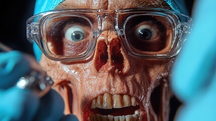 A captivating close-up of a skull illustrated with glasses and a surgical setting, stirring curiosity about life, science, and the intricate connections of human experiences.