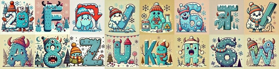 Fototapeta premium Cartoon Winter Monsters Lettering Typeface. AI generated illustration