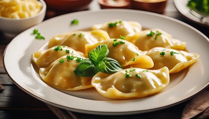 Dumplings with fried onion and herbs. 